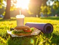 A rolled up yoga mat in the park. A jump rope next to it. In the foreground a delicios Royalty Free Stock Photo