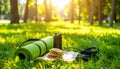 A rolled up yoga mat in the park. A jump rope next to it. In the foreground a delicios Royalty Free Stock Photo
