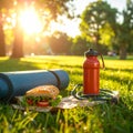 A rolled up yoga mat in the park. A jump rope next to it. In the foreground a delicios Royalty Free Stock Photo