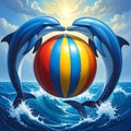 3 blue dolphins forming a circle and in the center of this circle a ball with vertica Royalty Free Stock Photo