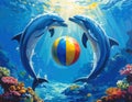 3 blue dolphins forming a circle and in the center of this circle a ball with vertica Royalty Free Stock Photo