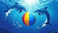 3 blue dolphins forming a circle and in the center of this circle a ball with vertica Royalty Free Stock Photo
