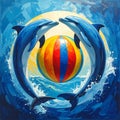 3 blue dolphins forming a circle and in the center of this circle a ball with vertica Royalty Free Stock Photo