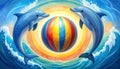 3 blue dolphins forming a circle and in the center of this circle a ball with vertica Royalty Free Stock Photo