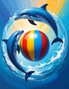 3 blue dolphins forming a circle and in the center of this circle a ball with vertica Royalty Free Stock Photo