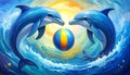 3 blue dolphins forming a circle and in the center of this circle a ball with vertica Royalty Free Stock Photo