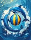 3 blue dolphins forming a circle and in the center of this circle a ball with vertica Royalty Free Stock Photo