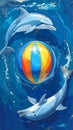 3 blue dolphins forming a circle and in the center of this circle a ball with vertica Royalty Free Stock Photo