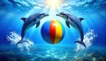 3 blue dolphins forming a circle and in the center of this circle a ball with vertica Royalty Free Stock Photo