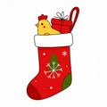 Simple hand drawn stikcer of The Chicken in the Christmas Stocking Royalty Free Stock Photo