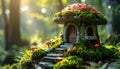 Stone moss garden figure mushroom house Royalty Free Stock Photo