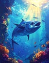 Fantasy cartoon artistic image of tuna feeding on a school of fish Royalty Free Stock Photo