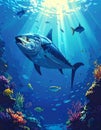 Fantasy cartoon artistic image of tuna feeding on a school of fish Royalty Free Stock Photo