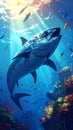 Fantasy cartoon artistic image of tuna feeding on a school of fish Royalty Free Stock Photo