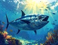 Fantasy cartoon artistic image of tuna feeding on a school of fish Royalty Free Stock Photo