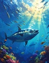 Fantasy cartoon artistic image of tuna feeding on a school of fish Royalty Free Stock Photo
