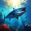 Fantasy cartoon artistic image of tuna feeding on a school of fish Royalty Free Stock Photo
