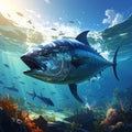 Fantasy cartoon artistic image of tuna feeding on a school of fish Royalty Free Stock Photo