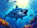 Fantasy cartoon artistic image of tuna feeding on a school of fish Royalty Free Stock Photo