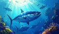 Fantasy cartoon artistic image of tuna feeding on a school of fish Royalty Free Stock Photo