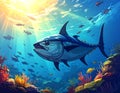 Fantasy cartoon artistic image of tuna feeding on a school of fish Royalty Free Stock Photo