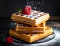 Stack of Waffles with Raspberries and Powdered Sugar Royalty Free Stock Photo