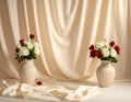Elegant vertical background with a softly pleated beige curtain, flowing in gentle Royalty Free Stock Photo