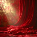 Luxury Red Velvet Draped Curtain on Artistic Golden Textured Wall Background with Dramatic Lighting for Premium Valentine Royalty Free Stock Photo