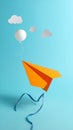 Minimal balloon 3D image of simple hand made paper airplane, made with orange paper Royalty Free Stock Photo