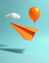Minimal balloon 3D image of simple hand made paper airplane, made with orange paper Royalty Free Stock Photo
