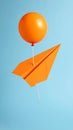 Minimal balloon 3D image of simple hand made paper airplane, made with orange paper Royalty Free Stock Photo