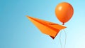 Minimal balloon 3D image of simple hand made paper airplane, made with orange paper Royalty Free Stock Photo