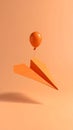 Minimal balloon 3D image of simple hand made paper airplane, made with orange paper Royalty Free Stock Photo