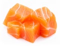 Salmon slices isolated on white background with clipping path, red fish cubes, ingred Royalty Free Stock Photo
