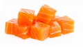 Salmon slices isolated on white background with clipping path, red fish cubes, ingred Royalty Free Stock Photo