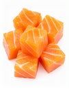 Salmon slices isolated on white background with clipping path, red fish cubes, ingred Royalty Free Stock Photo