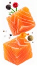 Salmon slices isolated on white background with clipping path, red fish cubes, ingred Royalty Free Stock Photo