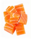 Salmon slices isolated on white background with clipping path, red fish cubes, ingred Royalty Free Stock Photo