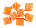 Salmon slices isolated on white background with clipping path, red fish cubes, ingred Royalty Free Stock Photo