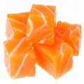 Salmon slices isolated on white background with clipping path, red fish cubes, ingred Royalty Free Stock Photo