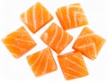 Salmon slices isolated on white background with clipping path, red fish cubes, ingred Royalty Free Stock Photo