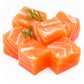 Salmon slices isolated on white background with clipping path, red fish cubes, ingred Royalty Free Stock Photo