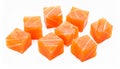 Salmon slices isolated on white background with clipping path, red fish cubes, ingred Royalty Free Stock Photo