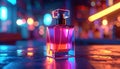 Neon 3d image of botella de cristal de perfume estilo cine noir, cinematic lighting, Royalty Free Stock Photo
