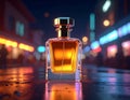 Neon 3d image of botella de cristal de perfume estilo cine noir, cinematic lighting, Royalty Free Stock Photo
