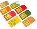 Illustration of seven SIM cards arranged in two rows on a white background Royalty Free Stock Photo
