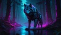 Ilustrasi serigala setengah robot berdiri gagah di tengah hutan belantara malam hari Royalty Free Stock Photo