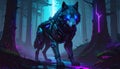 Ilustrasi serigala setengah robot berdiri gagah di tengah hutan belantara malam hari Royalty Free Stock Photo