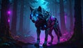 Ilustrasi serigala setengah robot berdiri gagah di tengah hutan belantara malam hari Royalty Free Stock Photo