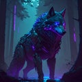 Ilustrasi serigala setengah robot berdiri gagah di tengah hutan belantara malam hari Royalty Free Stock Photo